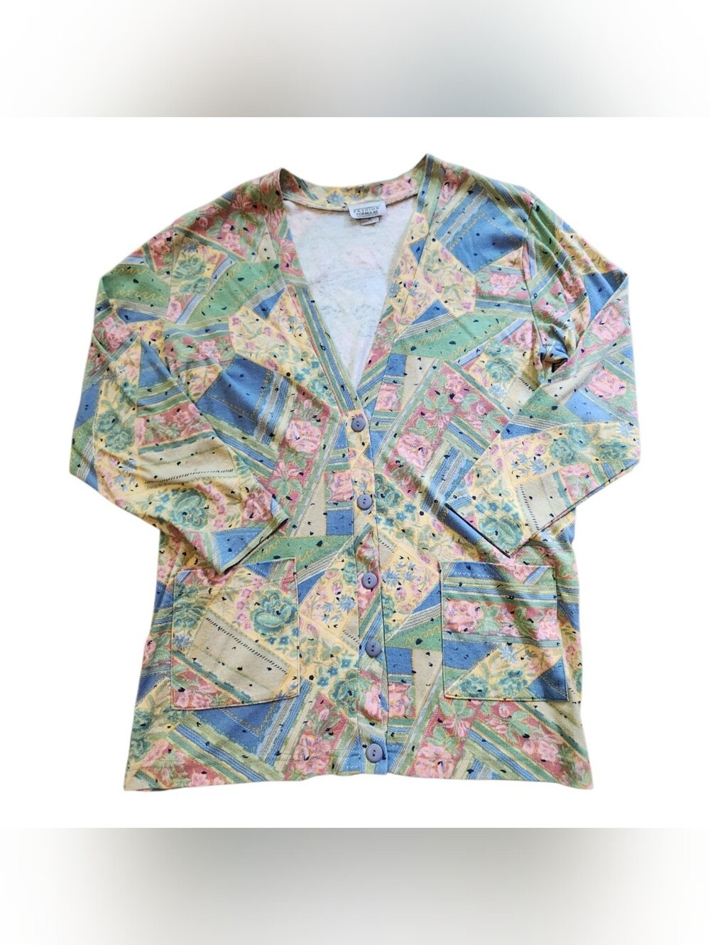 Vintage 80s 90s Pastel Patchwork Floral Cardigan Size Medium Grannycore Cottage